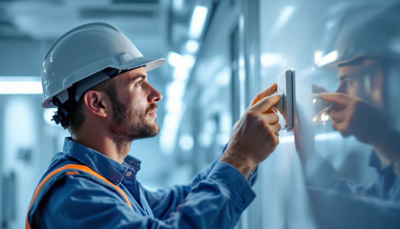 A photograph of a lighting contractor inspecting or installing a hospital-grade receptacle in a well-lit