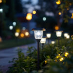A photograph of a well-lit outdoor space showcasing a variety of solar led lights illuminating a garden or pathway at dusk