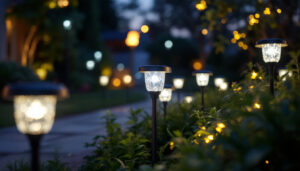 A photograph of a well-lit outdoor space showcasing a variety of solar led lights illuminating a garden or pathway at dusk