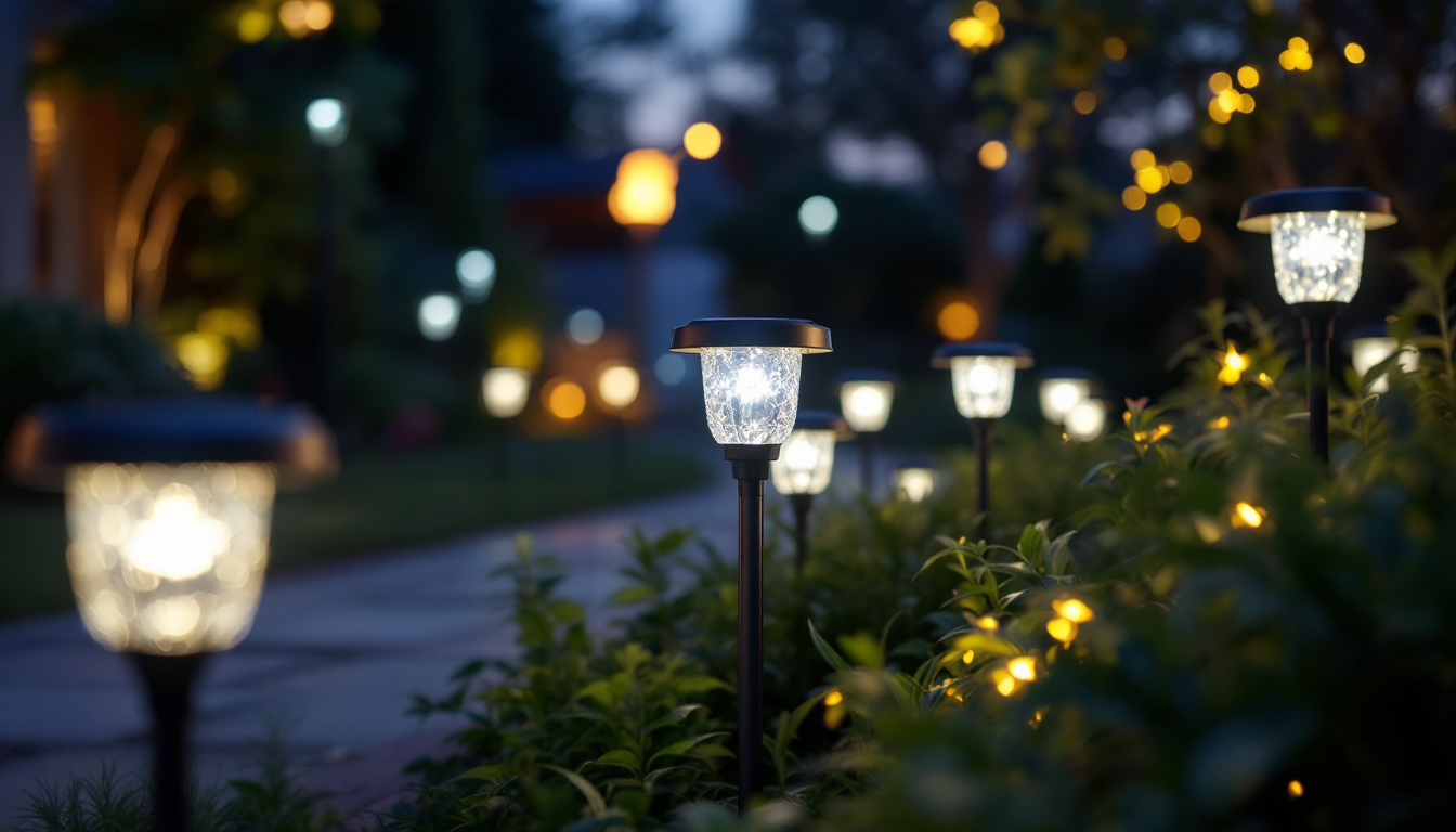A photograph of a well-lit outdoor space showcasing a variety of solar led lights illuminating a garden or pathway at dusk