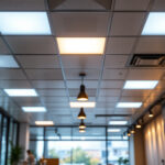 A photograph of a well-lit commercial space featuring ceiling tile lights