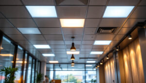 A photograph of a well-lit commercial space featuring ceiling tile lights