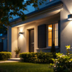 A photograph of a well-lit outdoor area showcasing a lighting contractor installing led security light bulbs on a residential property