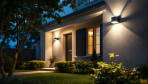 A photograph of a well-lit outdoor area showcasing a lighting contractor installing led security light bulbs on a residential property