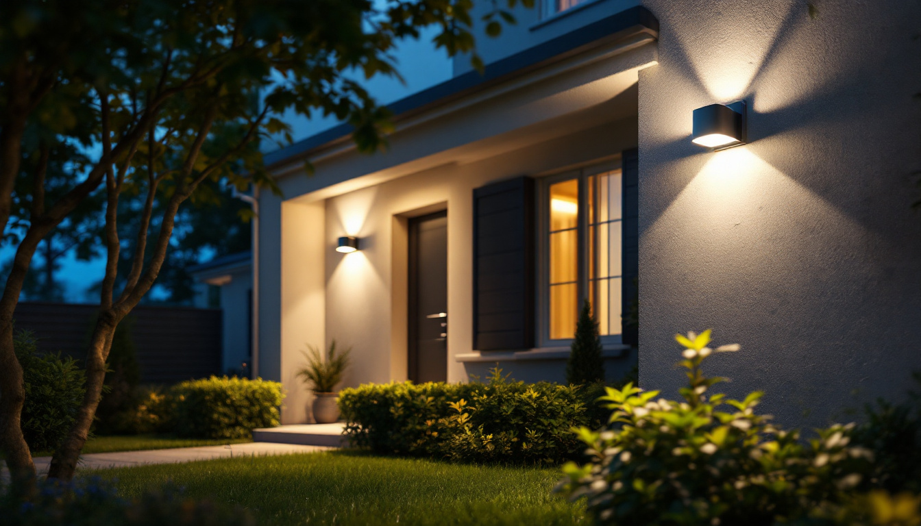 A photograph of a well-lit outdoor area showcasing a lighting contractor installing led security light bulbs on a residential property