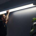 A photograph of a modern t5 light fixture installed in a stylish commercial or residential setting