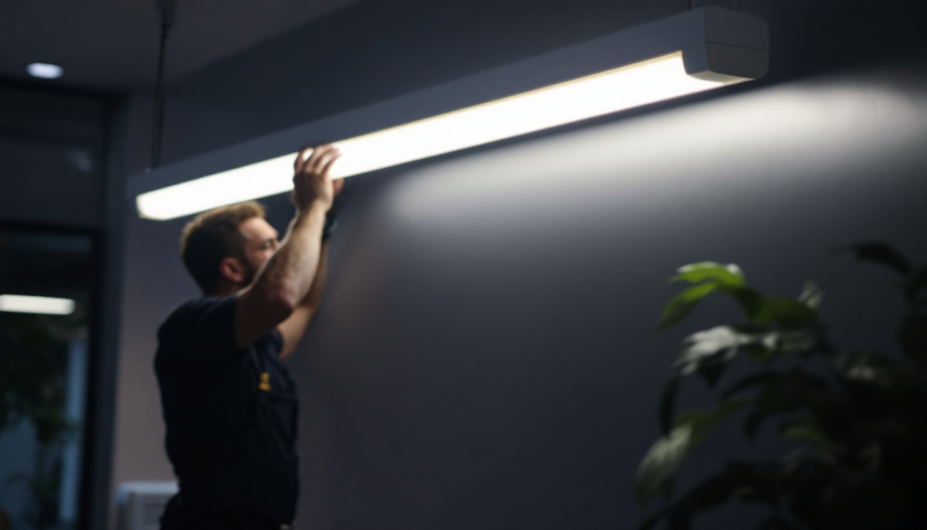A photograph of a modern t5 light fixture installed in a stylish commercial or residential setting