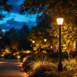 A photograph of a beautifully landscaped front yard featuring a stylish lamp post illuminated at dusk