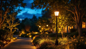 A photograph of a beautifully landscaped front yard featuring a stylish lamp post illuminated at dusk