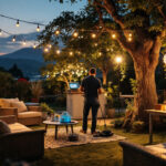 A photograph of a lighting contractor setting up various types of outdoor portable lighting in a picturesque outdoor setting during dusk