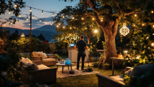 A photograph of a lighting contractor setting up various types of outdoor portable lighting in a picturesque outdoor setting during dusk