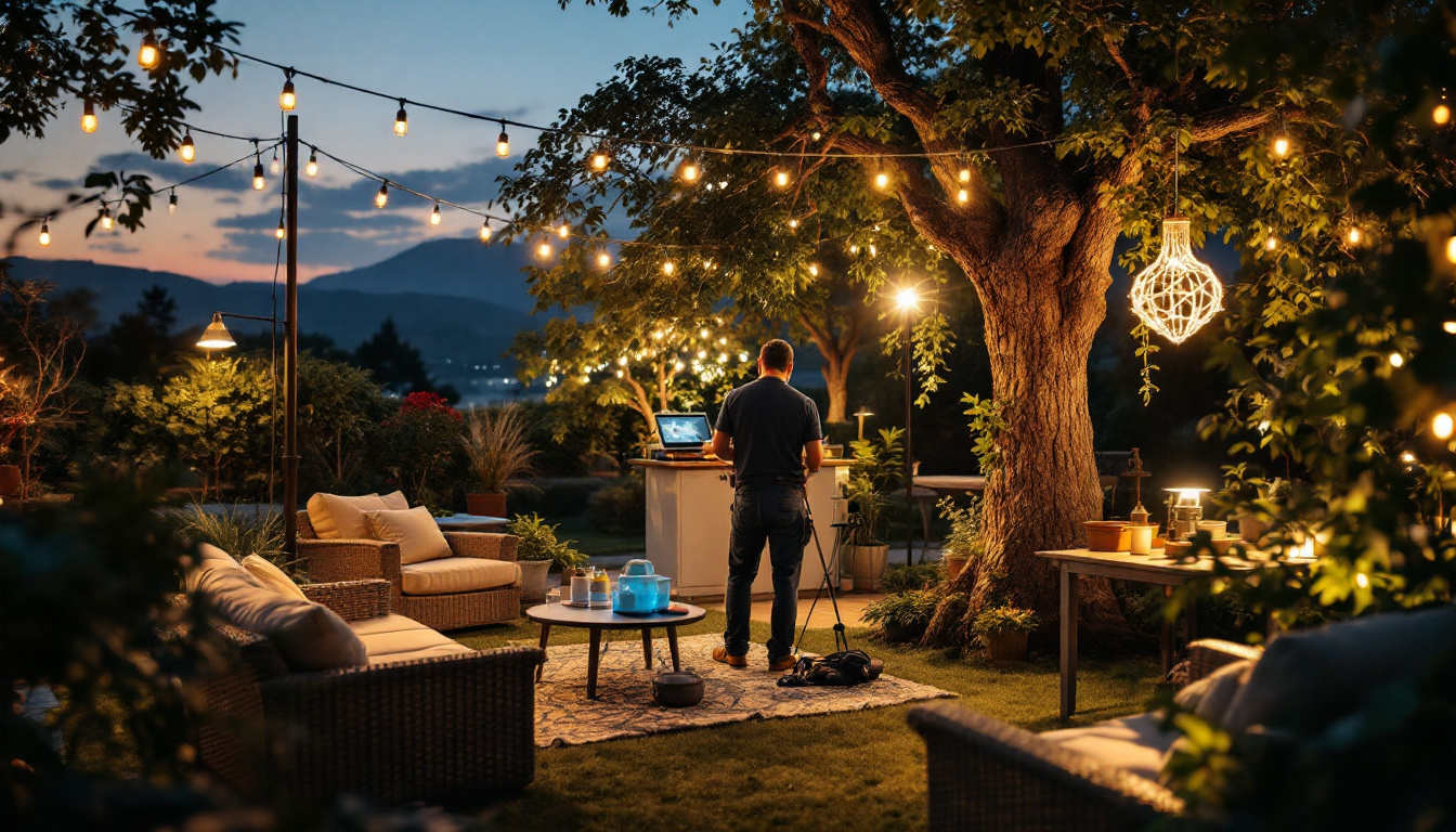 A photograph of a lighting contractor setting up various types of outdoor portable lighting in a picturesque outdoor setting during dusk