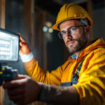 A photograph of a lighting contractor actively working with a modern work led light in a construction or renovation setting