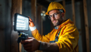 A photograph of a lighting contractor actively working with a modern work led light in a construction or renovation setting