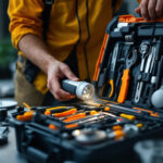 A photograph of a skilled lighting contractor meticulously inspecting a well-organized toolkit filled with various electrical tools and materials