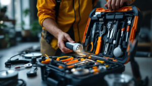 A photograph of a skilled lighting contractor meticulously inspecting a well-organized toolkit filled with various electrical tools and materials