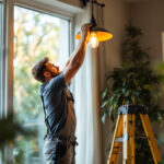 A photograph of a lighting contractor expertly installing a stylish light fixture in a modern residential space
