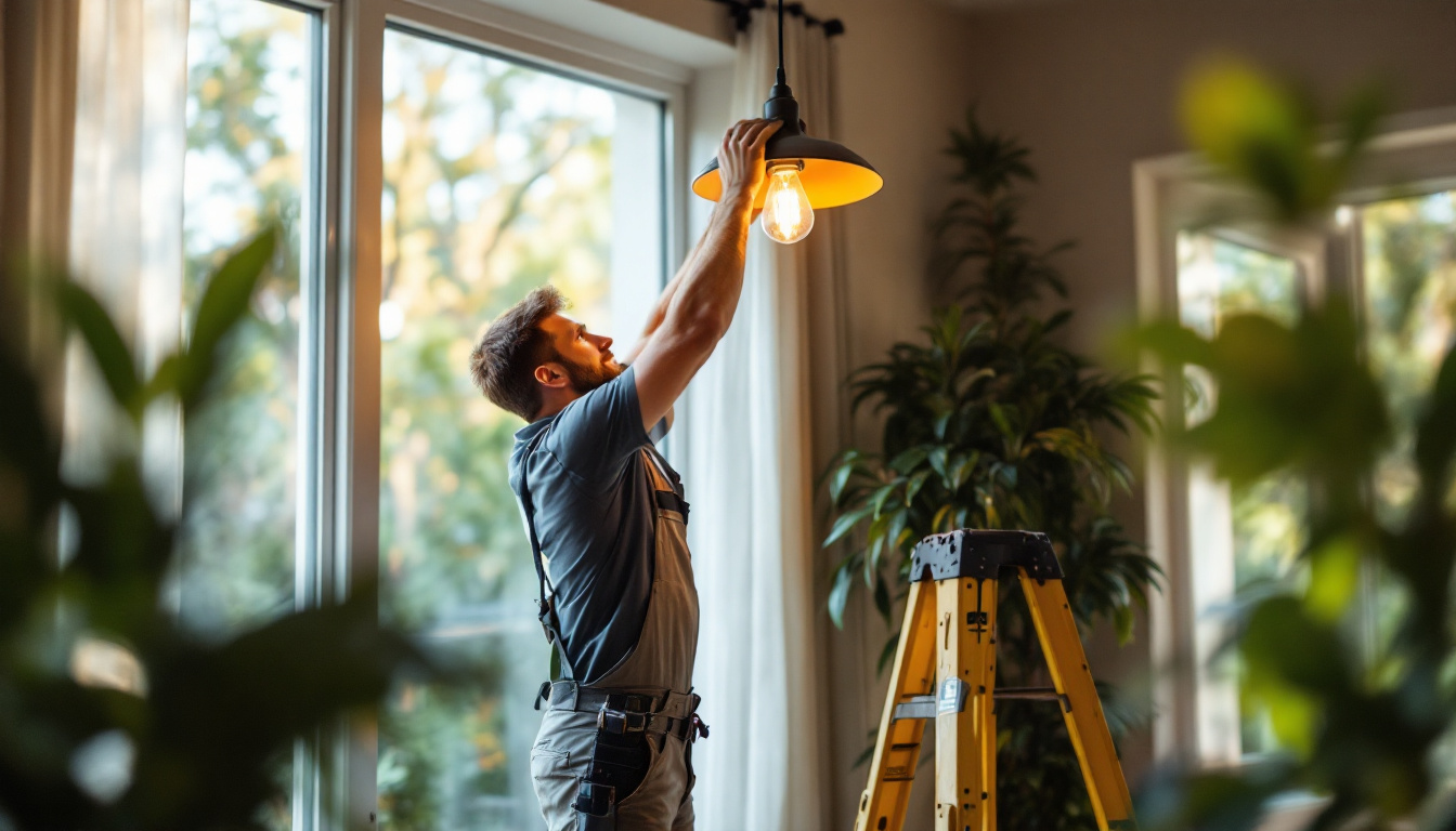 A photograph of a lighting contractor expertly installing a stylish light fixture in a modern residential space