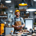 A photograph of a lighting contractor evaluating various led light fixtures alongside traditional lighting alternatives
