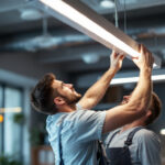 A photograph of a lighting contractor expertly installing a sleek fluorescent lighting fixture in a modern workspace