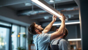 A photograph of a lighting contractor expertly installing a sleek fluorescent lighting fixture in a modern workspace