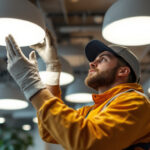 A photograph of a lighting contractor expertly installing round led fixtures in a modern space