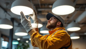 A photograph of a lighting contractor expertly installing round led fixtures in a modern space