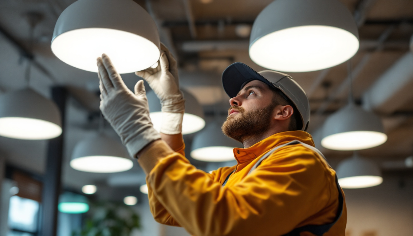 A photograph of a lighting contractor expertly installing round led fixtures in a modern space