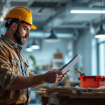 A photograph of a lighting contractor assessing an energy-efficient led retrofit installation in a commercial space
