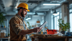 A photograph of a lighting contractor assessing an energy-efficient led retrofit installation in a commercial space