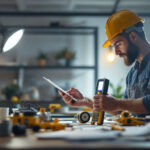 A photograph of a lighting contractor assessing a well-lit workspace