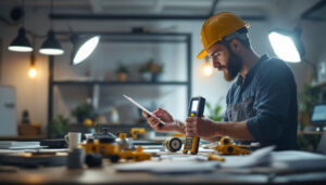 A photograph of a lighting contractor assessing a well-lit workspace