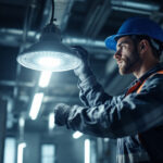 A photograph of a lighting contractor installing a vapor tight light fixture in an industrial or commercial setting