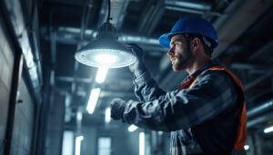 A photograph of a lighting contractor installing a vapor tight light fixture in an industrial or commercial setting
