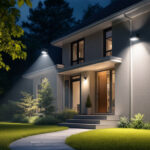 A photograph of a well-lit exterior space showcasing various types of security lights installed around a home or commercial building