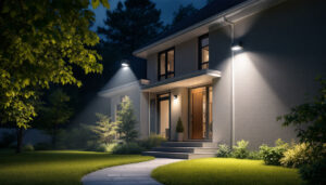 A photograph of a well-lit exterior space showcasing various types of security lights installed around a home or commercial building