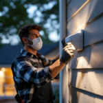 A photograph of a lighting contractor installing an outdoor motion detector in a residential setting
