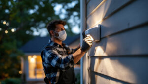 A photograph of a lighting contractor installing an outdoor motion detector in a residential setting