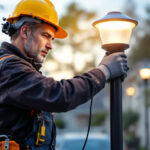 A photograph of a lighting contractor installing a solar light post in a residential setting
