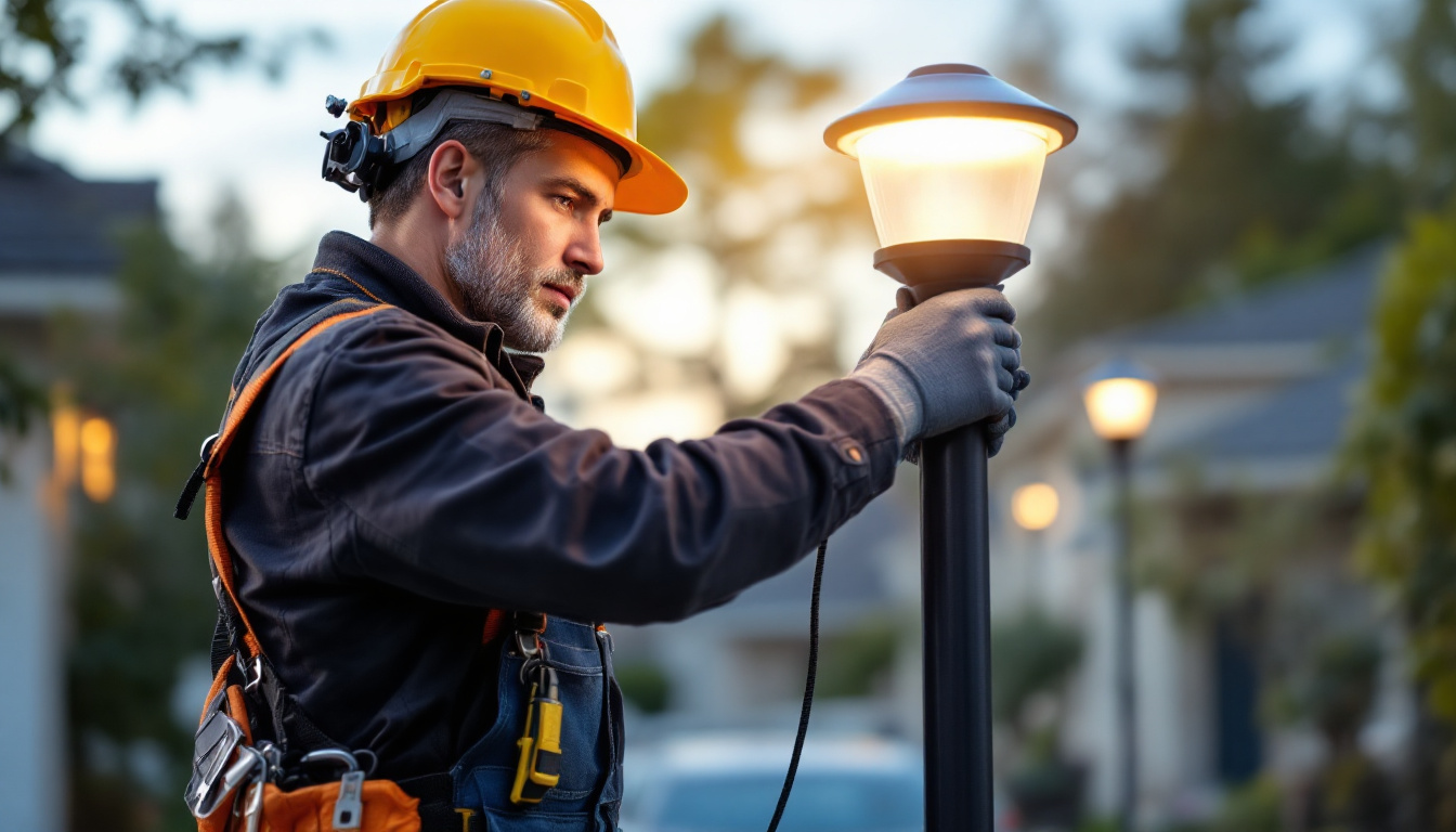 A photograph of a lighting contractor installing a solar light post in a residential setting
