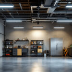 A photograph of a well-lit garage showcasing modern led ceiling light fixtures