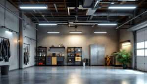 A photograph of a well-lit garage showcasing modern led ceiling light fixtures