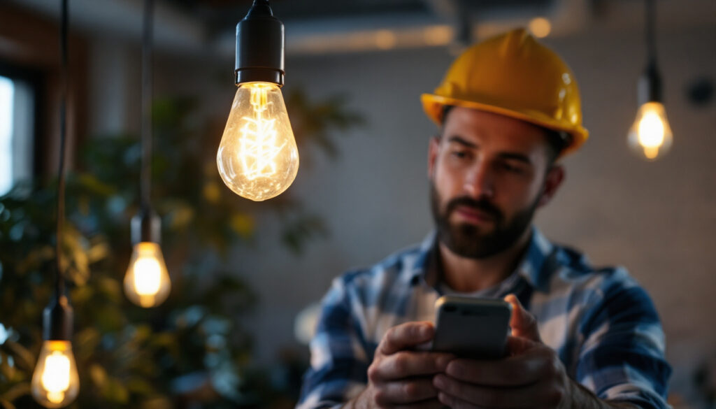 A photograph of a lighting contractor expertly installing or inspecting a lead light bulb in a stylish