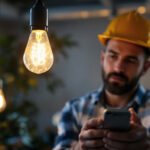 A photograph of a lighting contractor expertly installing or inspecting a lead light bulb in a stylish