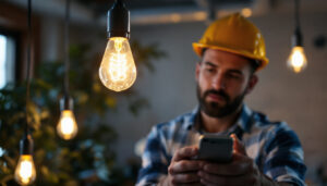 A photograph of a lighting contractor expertly installing or inspecting a lead light bulb in a stylish