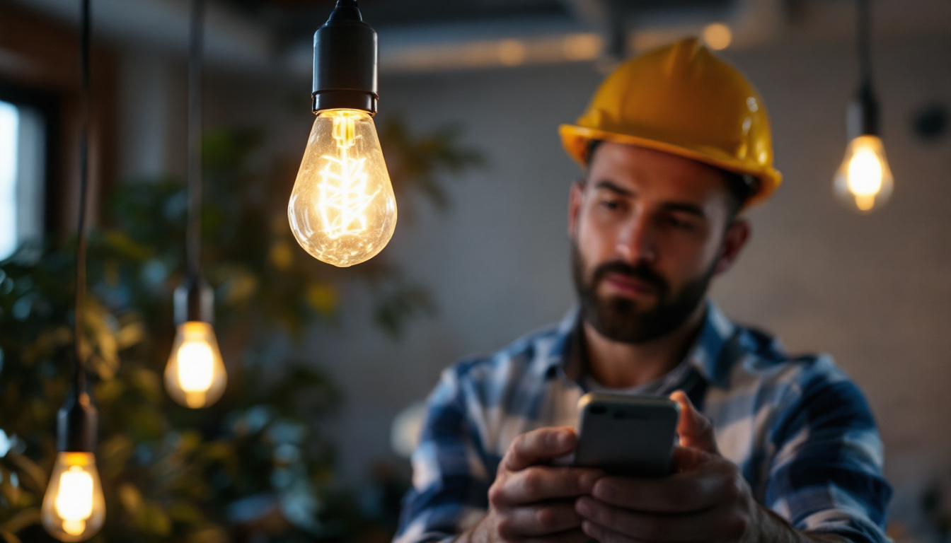 A photograph of a lighting contractor expertly installing or inspecting a lead light bulb in a stylish