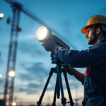 A photograph of a lighting contractor installing or adjusting outdoor work lights on a construction site during dusk