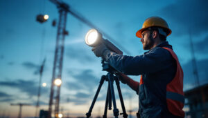 A photograph of a lighting contractor installing or adjusting outdoor work lights on a construction site during dusk
