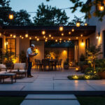 A photograph of a beautifully lit outdoor space featuring a variety of stylish and functional outdoor lights