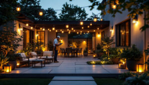 A photograph of a beautifully lit outdoor space featuring a variety of stylish and functional outdoor lights